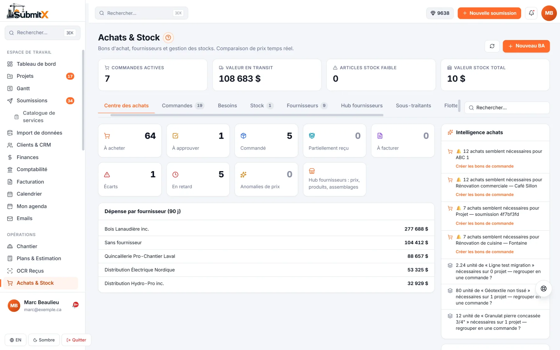 Écran de SubmitX : Achats et stock