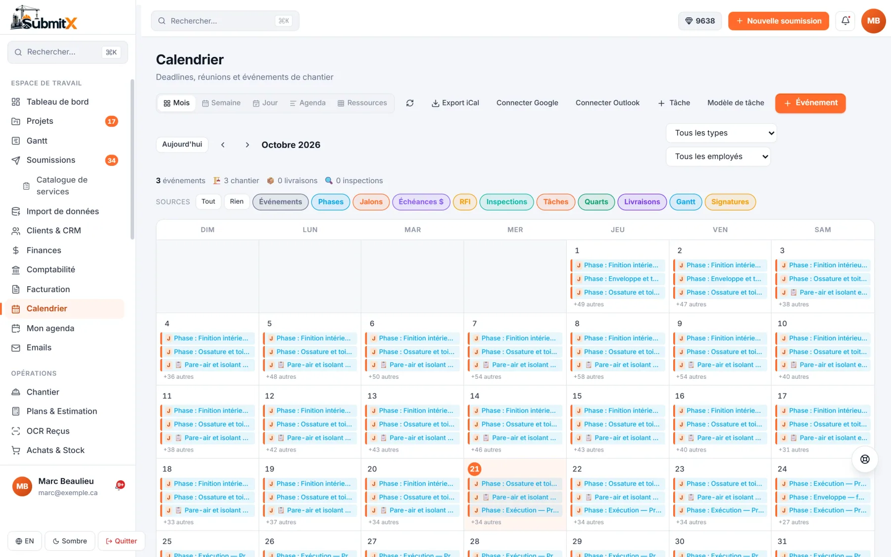 Écran de SubmitX : Calendrier