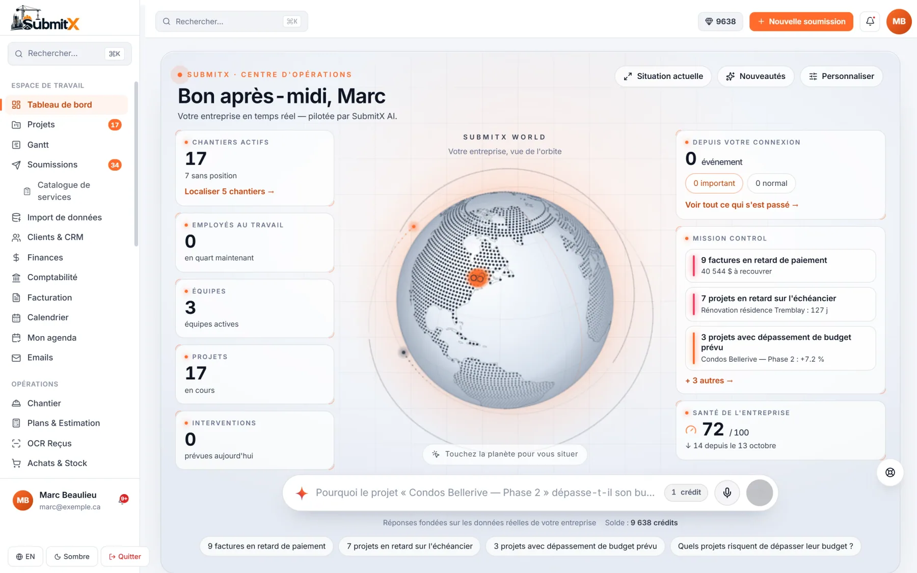 Écran de SubmitX : Centre d'opérations