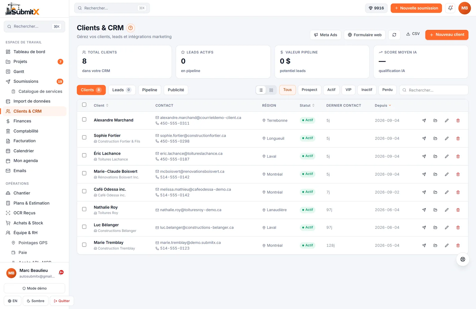 SubmitX CRM: client list with status and history