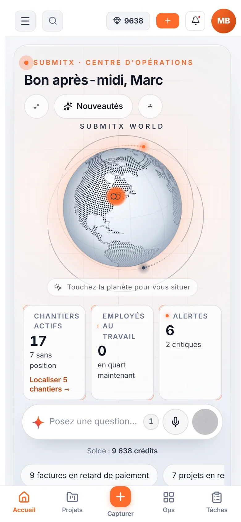 Écran mobile SubmitX : Centre d'opérations